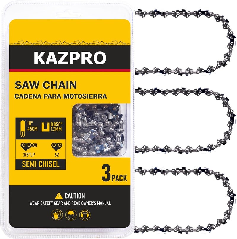 KAZPRO 18 Inch Chainsaw Chain 62 Drive Links, 3/8" LP Pitch, .050" Gauge, Low kickback, Lubrication System Chainsaw Blade fits Echo, Ego, Poulan, Craftsman, Greenworks, etc, KP-S62 (3 Pack) - Image 1